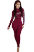 Sexy Burgundy Long Sleeve Studded Mesh Top Jumpsuit